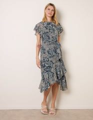 Paisley Print Angel Sleeve Asymmetric Midi Dress