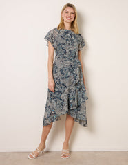 Paisley Print Angel Sleeve Asymmetric Midi Dress