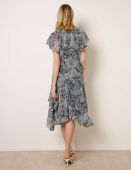 Paisley Print Angel Sleeve Asymmetric Midi Dress