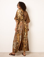 Animal Print Wide Leg Cross Over Jumpsuit