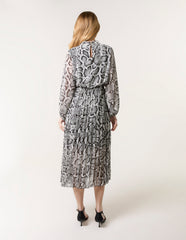 Snakeskin High Neck Pleat Dress