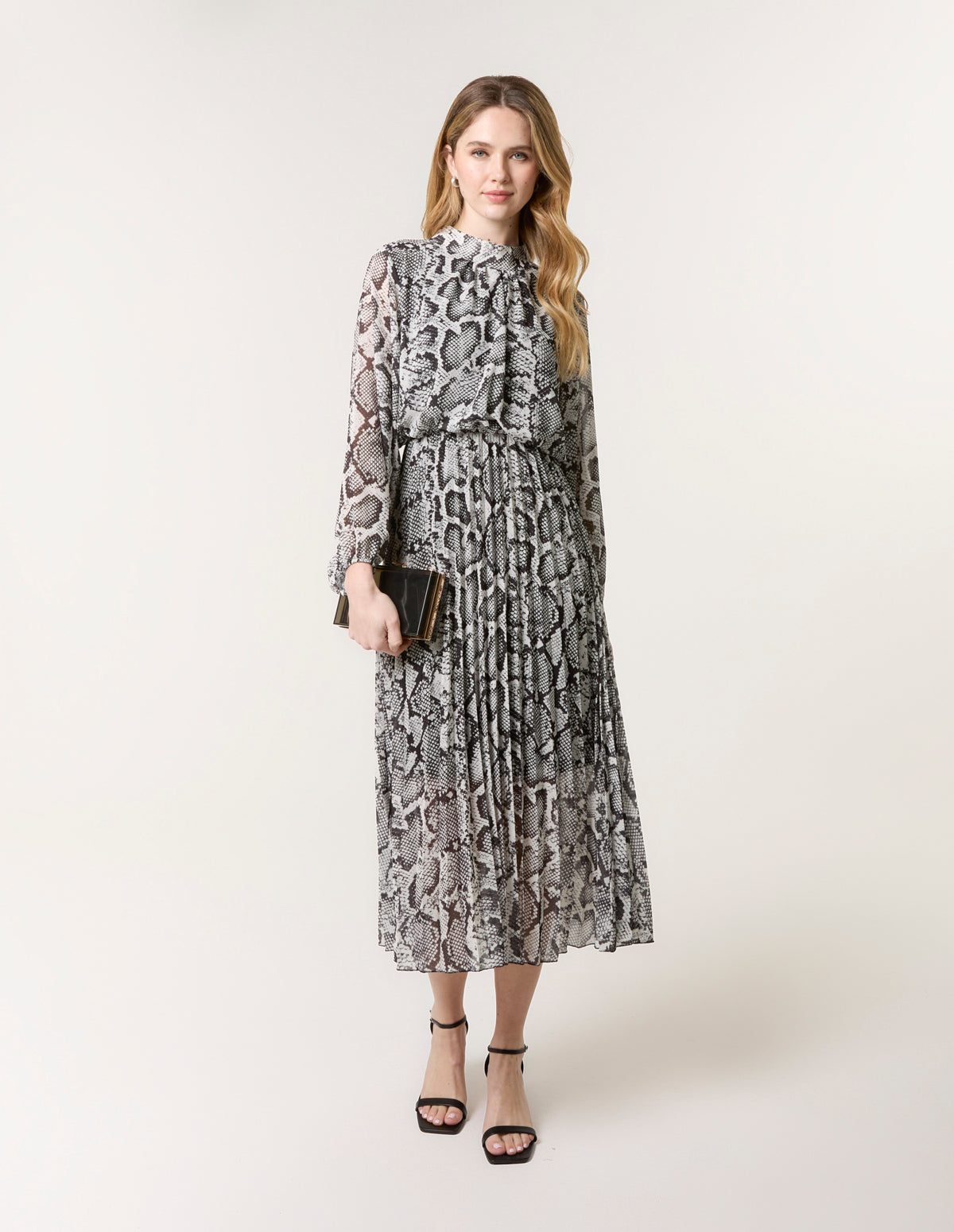 Snakeskin High Neck Pleat Dress