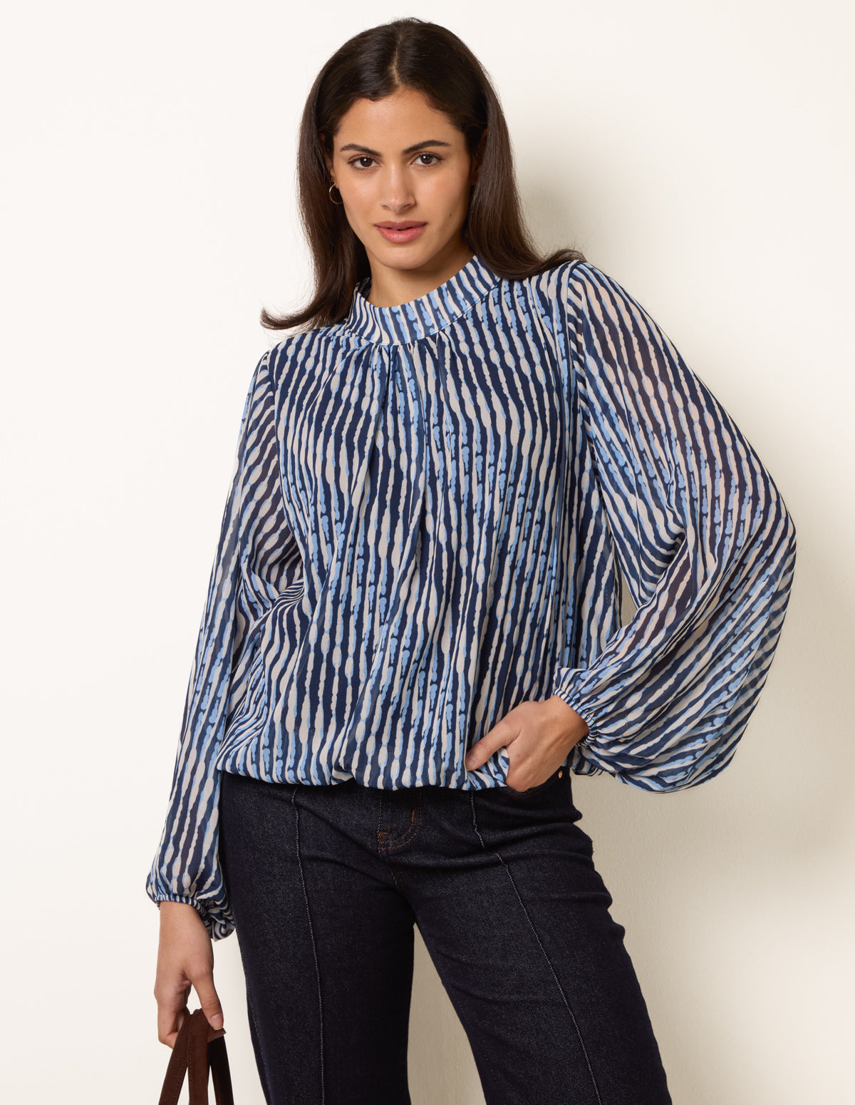 Printed High Neck Puffball Blouse