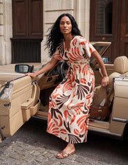 V Neck Abstract Leaf Print Dress