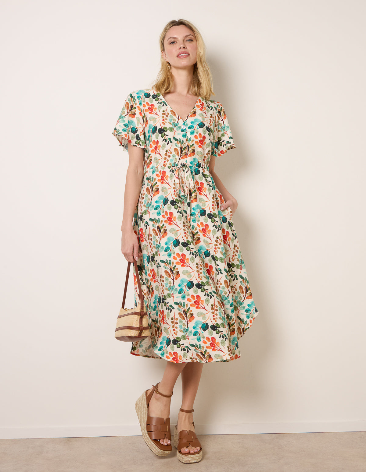 Leaf Print Tie Waist Shirt Midi Dress