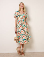 Leaf Print Tie Waist Shirt Midi Dress