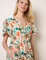 Leaf Print Tie Waist Shirt Midi Dress
