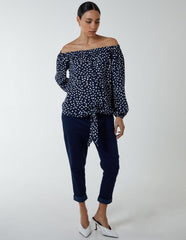 Bardot Balloon Sleeve Knot Top