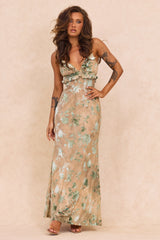 Whispering Garden Flocked Mesh Maxi Dress - Olive